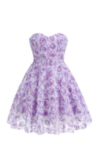 Berke Whimsical Lavender 3D Floral Strapless Mini Dress