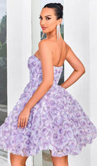Berke Whimsical Lavender 3D Floral Strapless Mini Dress