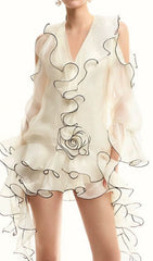 Eudoxie Chic White Ruffle Mini Dress with Sheer Sleeves & Contrast Rose Detail