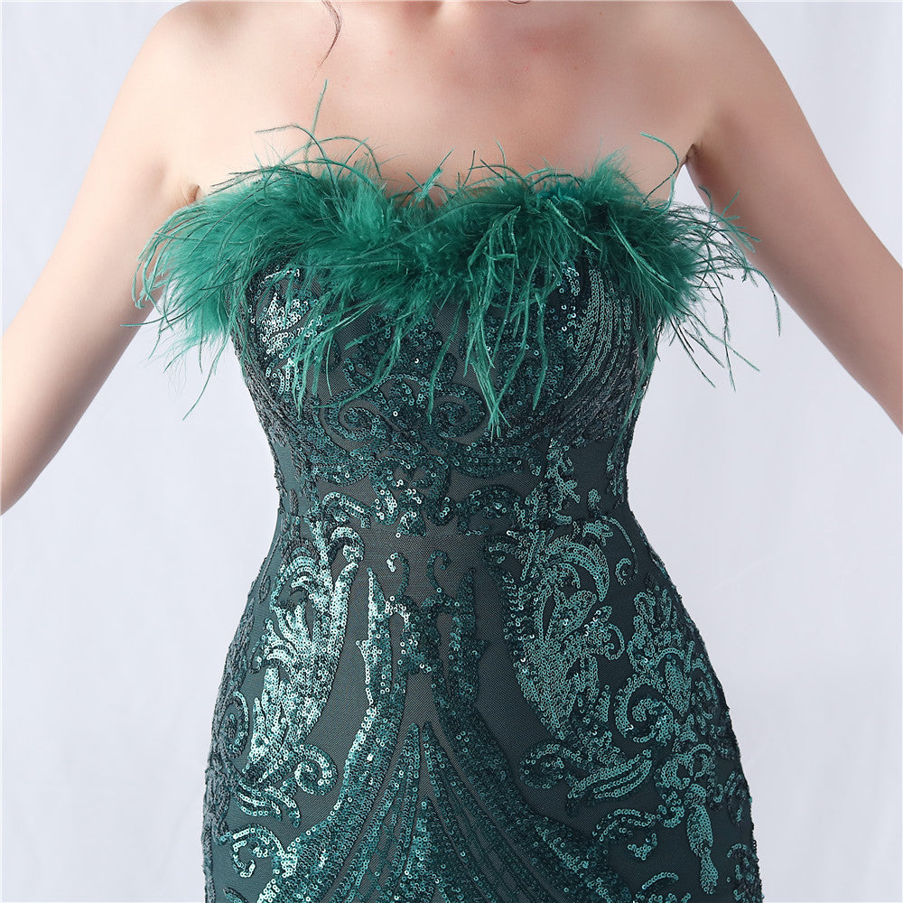 Choire Emerald Green Sequin Feather Mermaid Maxi Gown