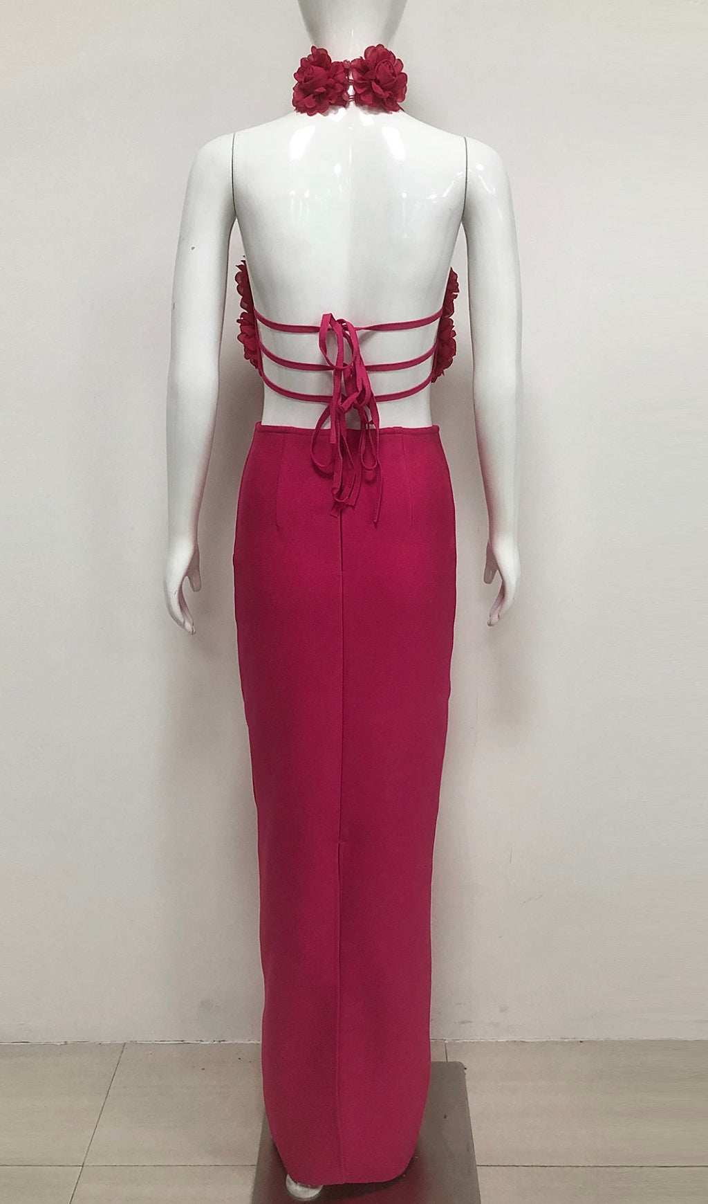 Showstopping Fuchsia 3D Floral Halter Neck Bandage Maxi Dress