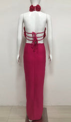 Showstopping Fuchsia 3D Floral Halter Neck Bandage Maxi Dress