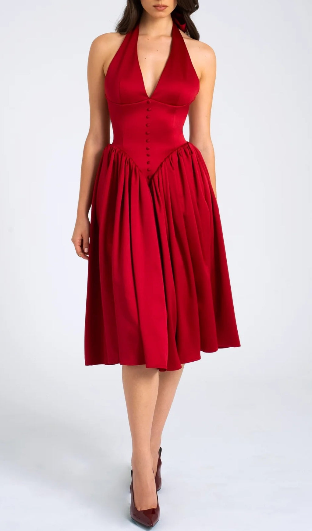 Chrissy Red Plunging Halter Backless Midi Dress