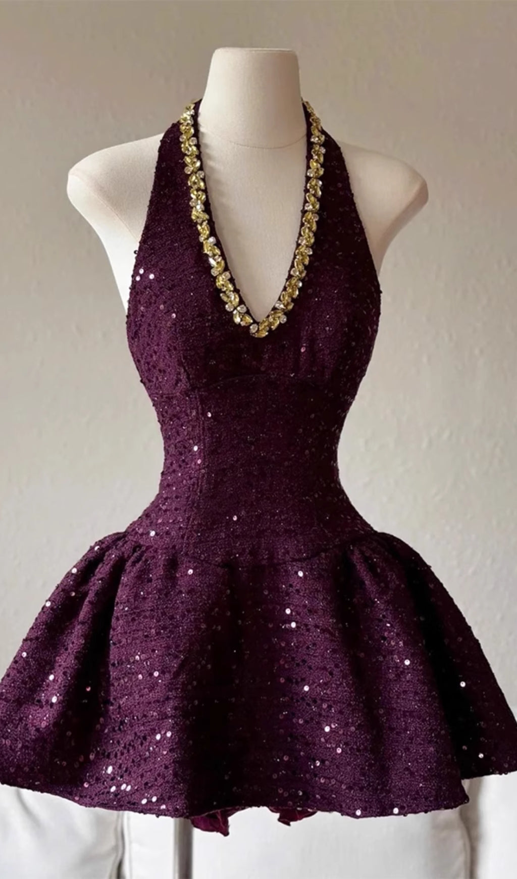 Eileen Dazzling Purple Sequin Halter Mini Dress with Gold Accents