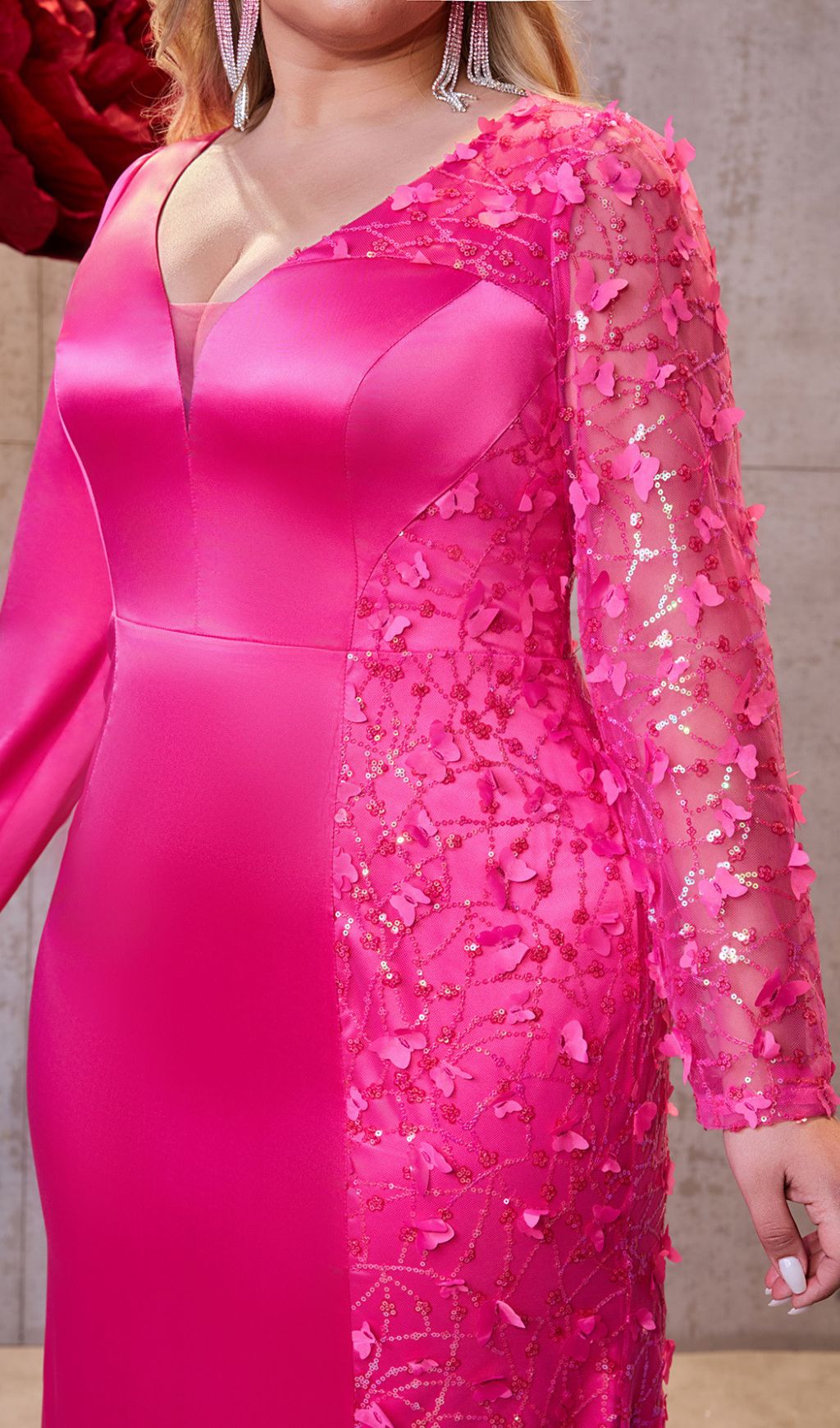 Idina Glamour Pink Plus Size Long Sleeve Sequin Maxi Dress