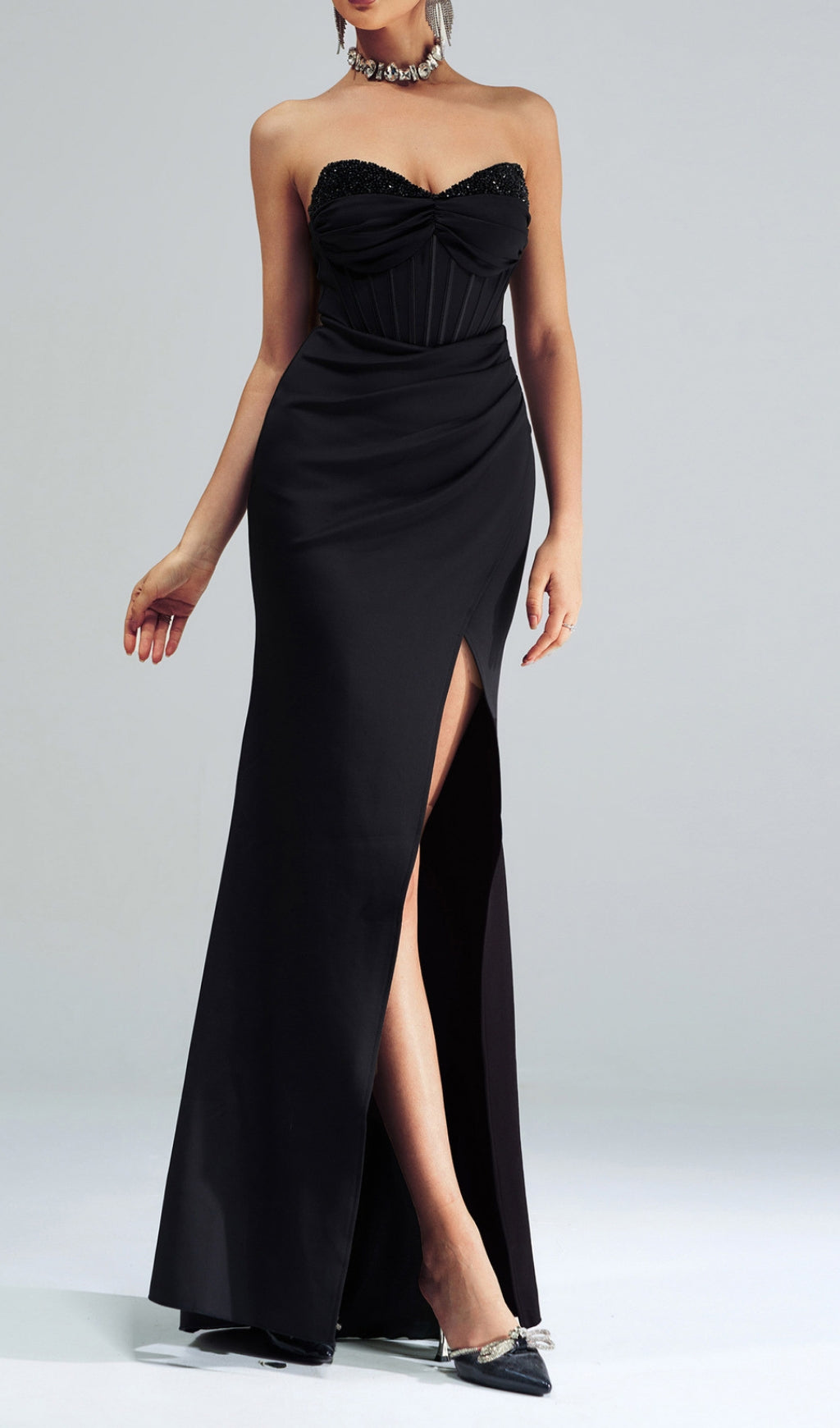 Catiche Women's Elegant Black Strapless Corset Maxi Dress with High Slit