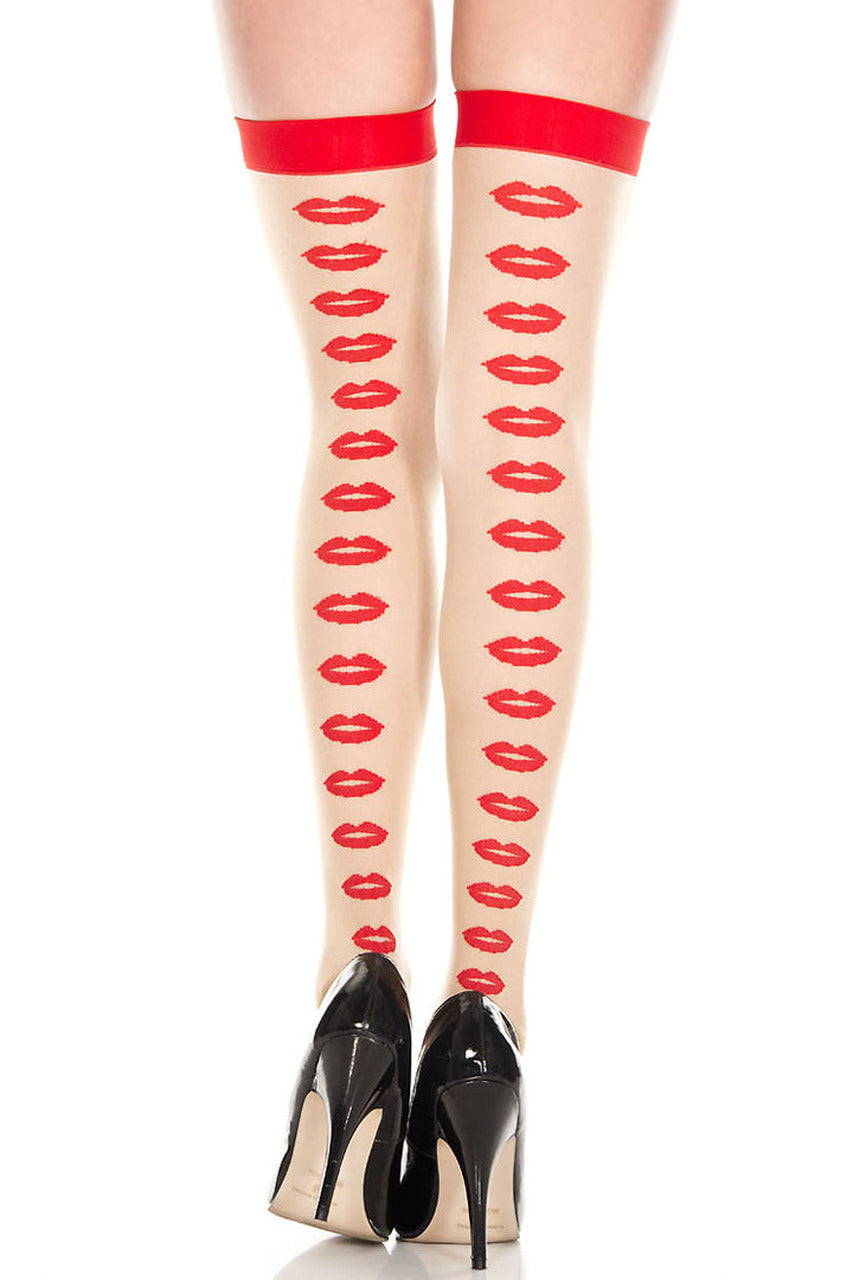 Beige &amp; Red Lips Backseams Thigh High Stockings