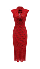 Dagfrid Radiant Red Crystal Flower Midi Dress