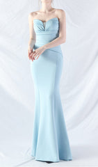 Chrina Elegant Blue Strapless Ruched Mermaid Maxi Gown