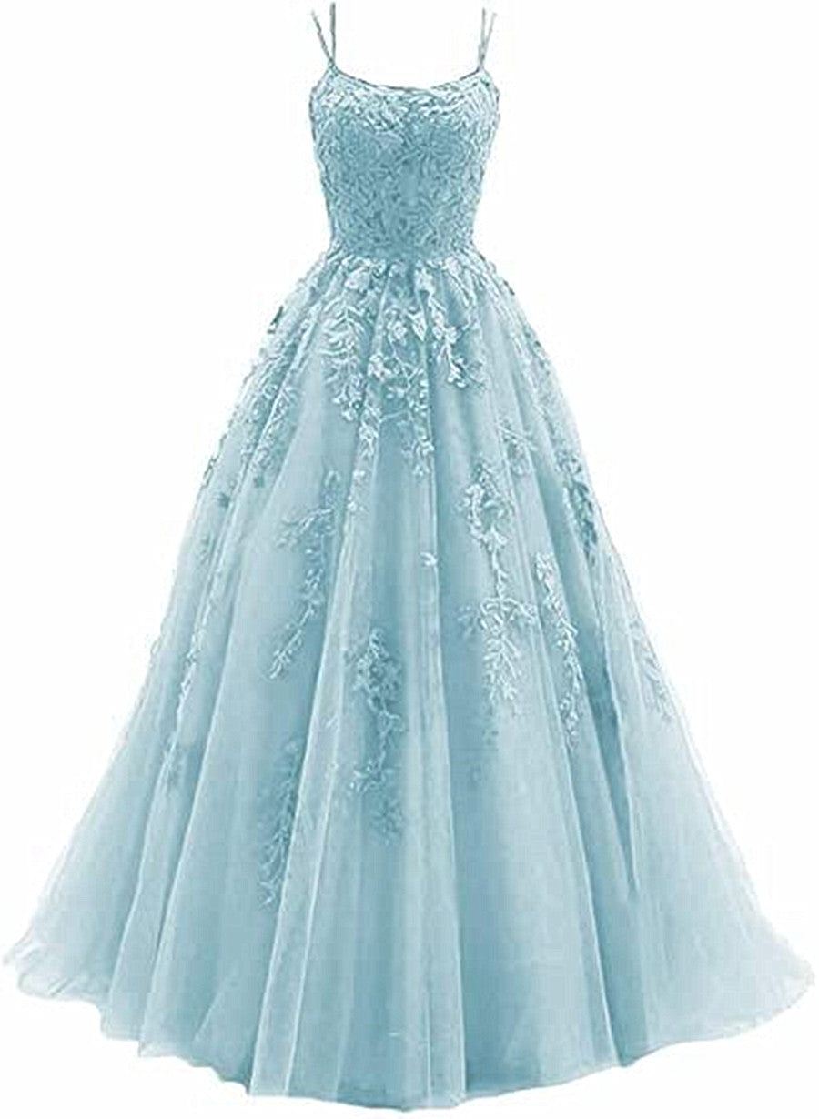 Light Blue Straps Cross Back Tulle with Lace Applique Prom Dress