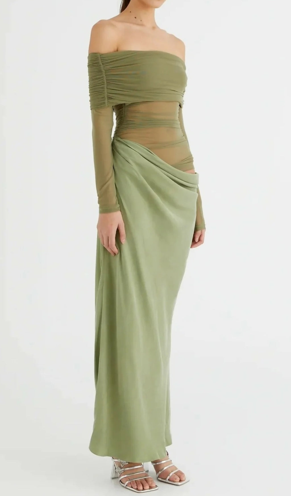 Dawood Green Draped Off-Shoulder Mesh Maxi Dress