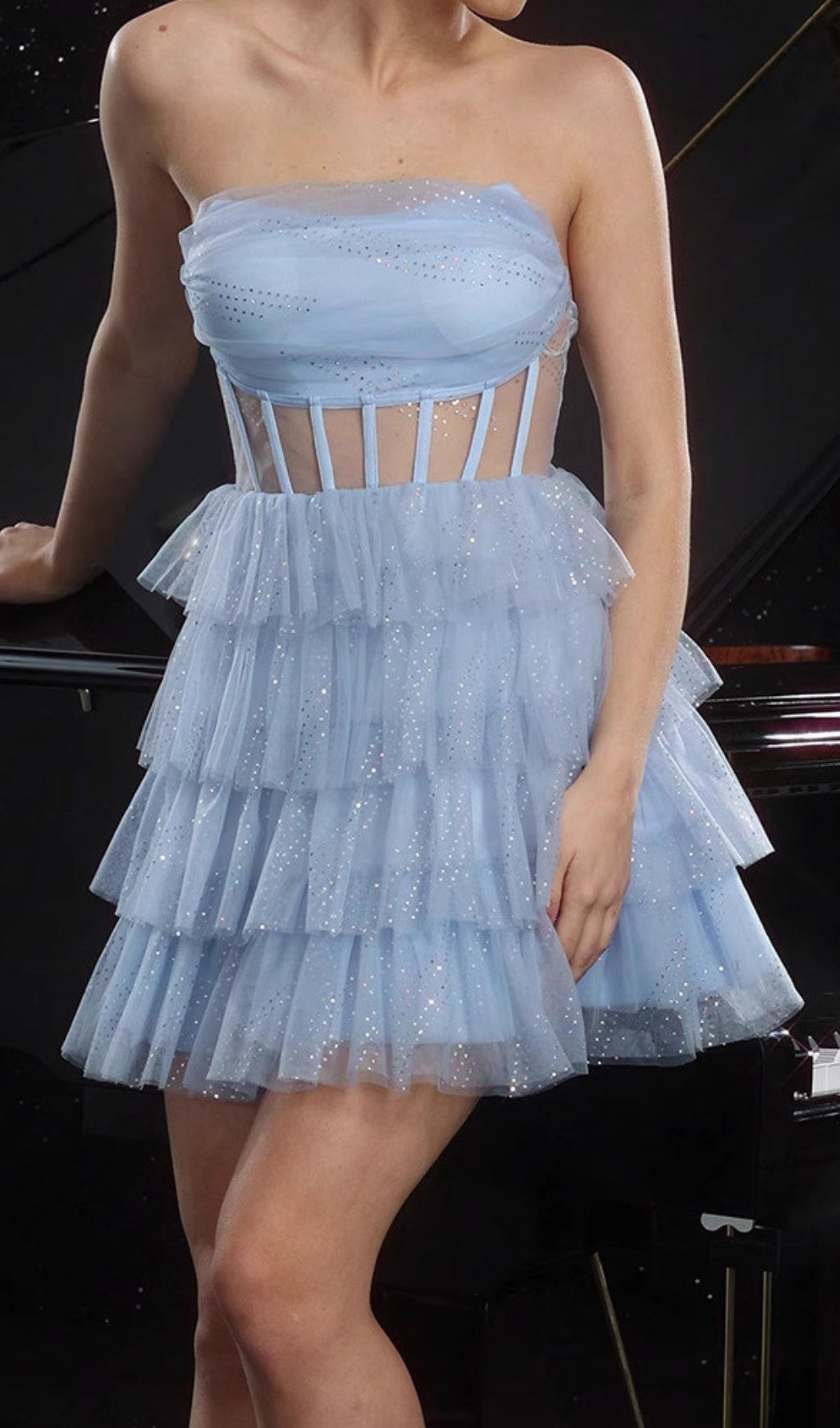 Dembe Dazzling Blue Sparkle Strapless Corset Tulle Mini Dress