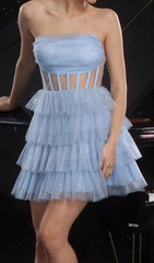 Dembe Dazzling Blue Sparkle Strapless Corset Tulle Mini Dress