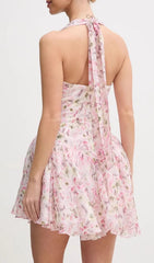 Herv Vibrant Pink Floral Halter Mini Dress