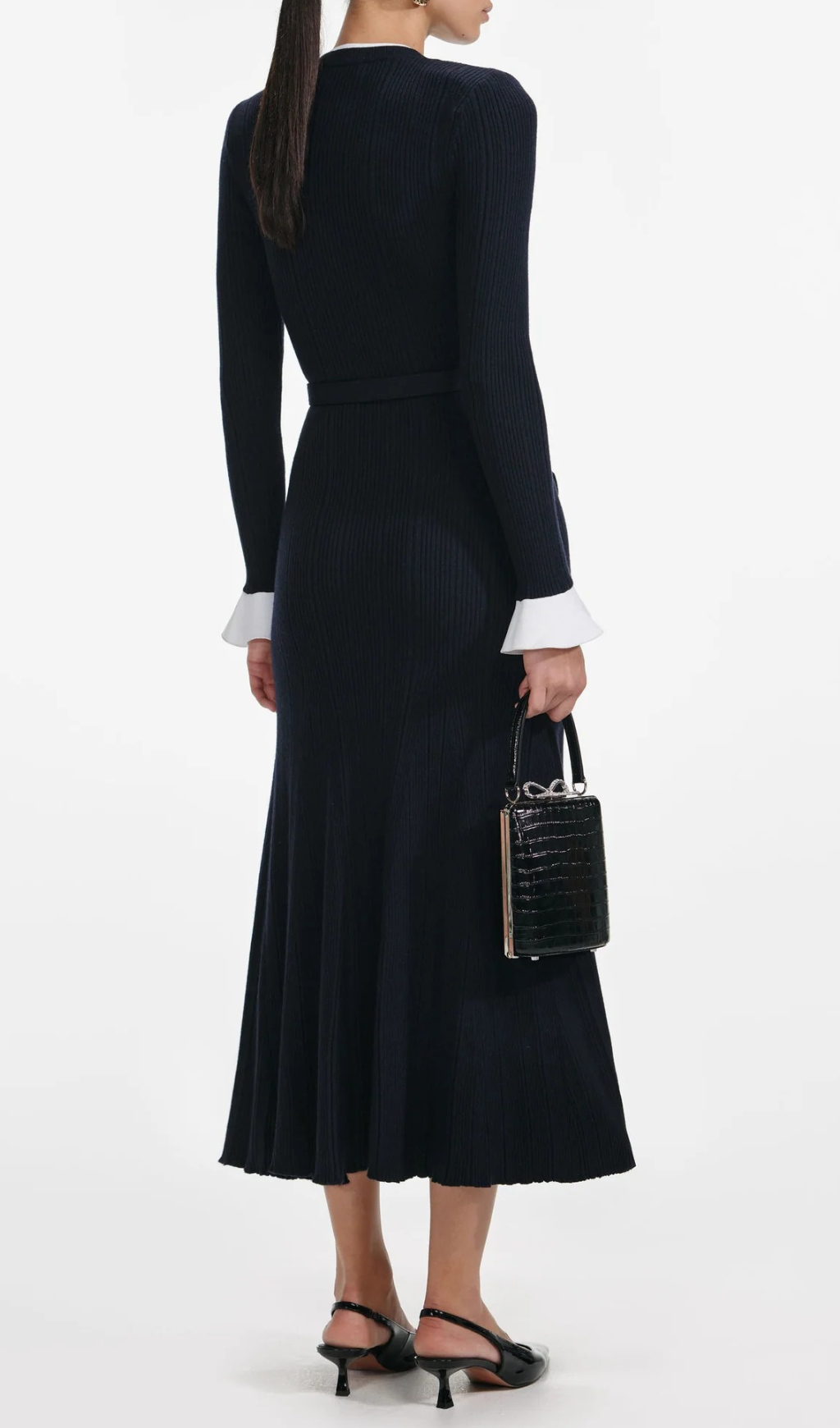 Chic Navy Ribbed Knit Button-Front Midi Dress