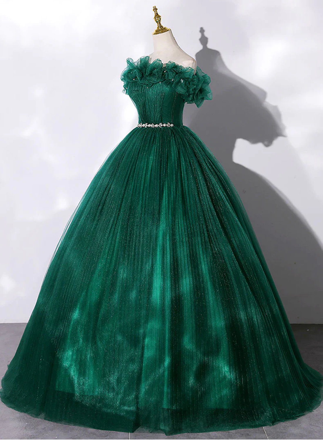 Vestido de fiesta de quinceañera con cintura de cuentas de tul verde 