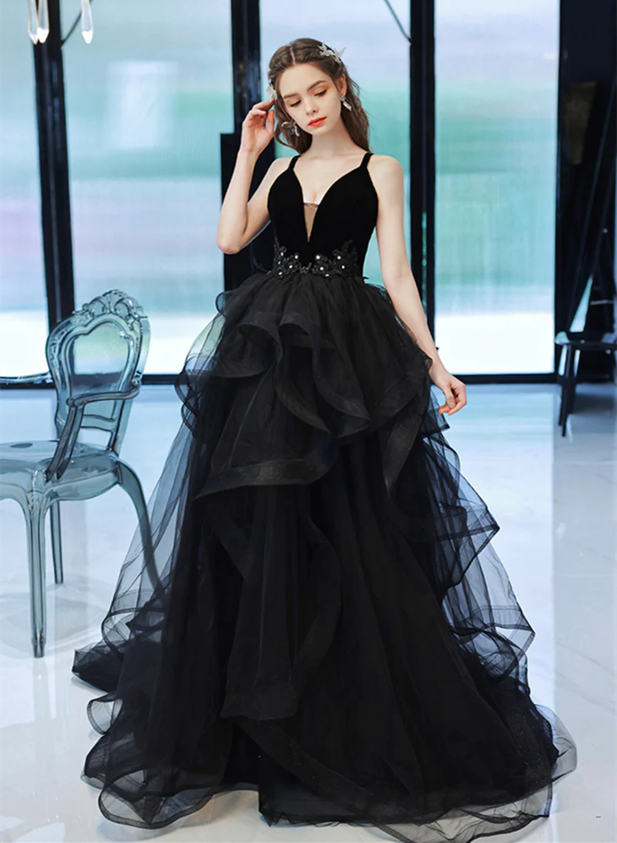 Black Straps V-neckline Tulle Long Party Dress