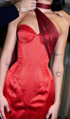 Show-Stopping Red Strapless Bustier Maxi Gown with Draped Scarf & Gloves