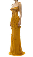 Carys Mustard Gold Petal Appliqu Corset Maxi Gown
