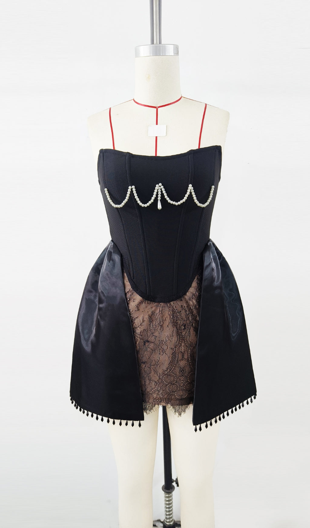 Glamorous Pearl & Lace Strapless Mini Dress with Corset Bodice