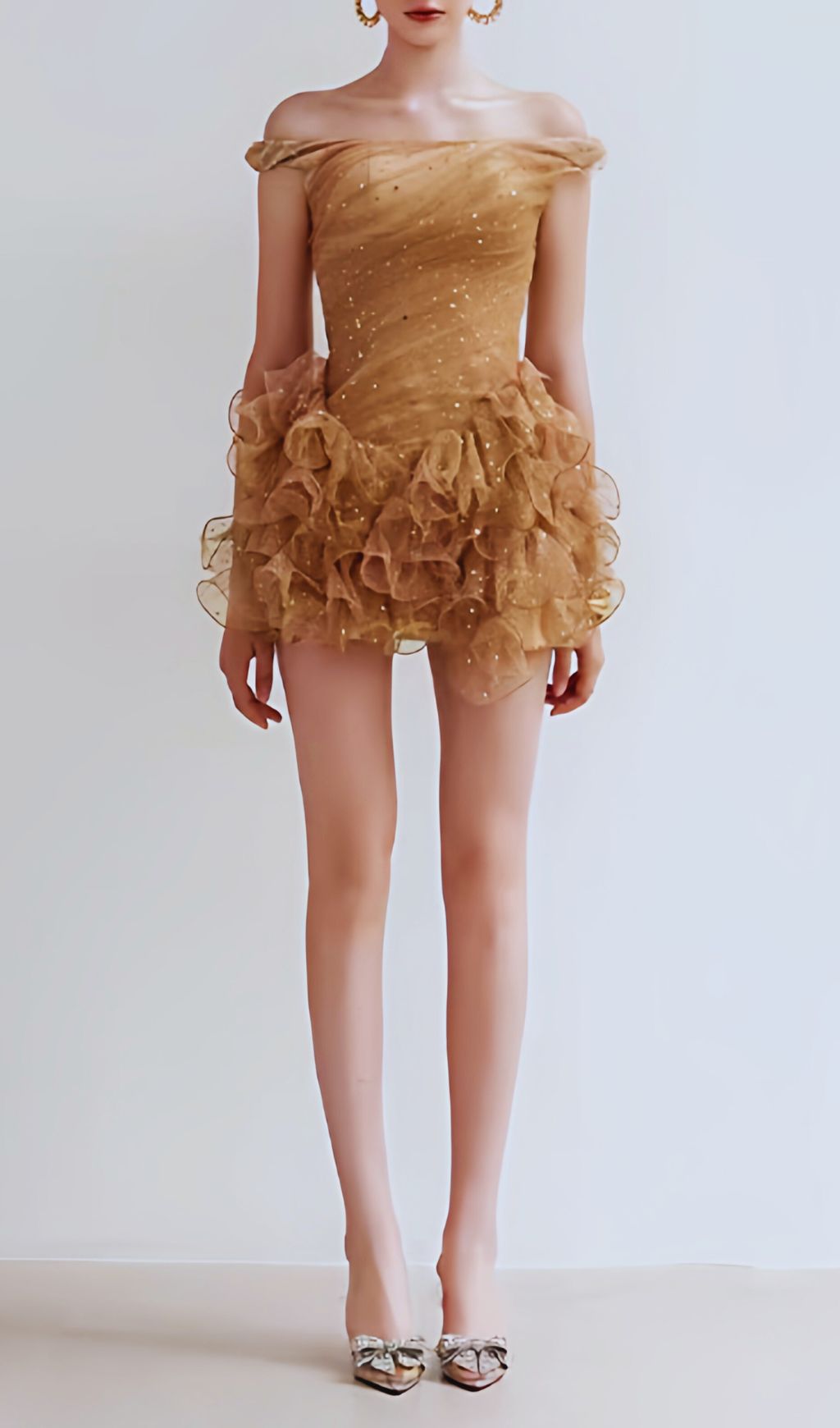 Ismene Sparkling Gold Off-Shoulder Ruffle Mini Dress
