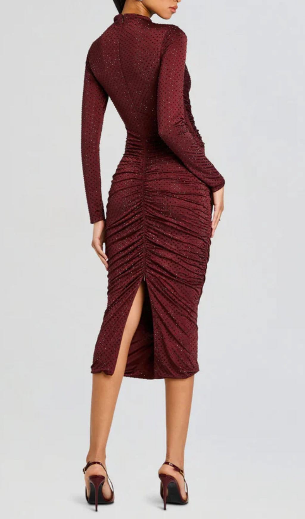 Devika Shimmering Wine Ruched Bodycon Midi Dress