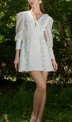 Elegant White Lace Puff Sleeve Mini Dress
