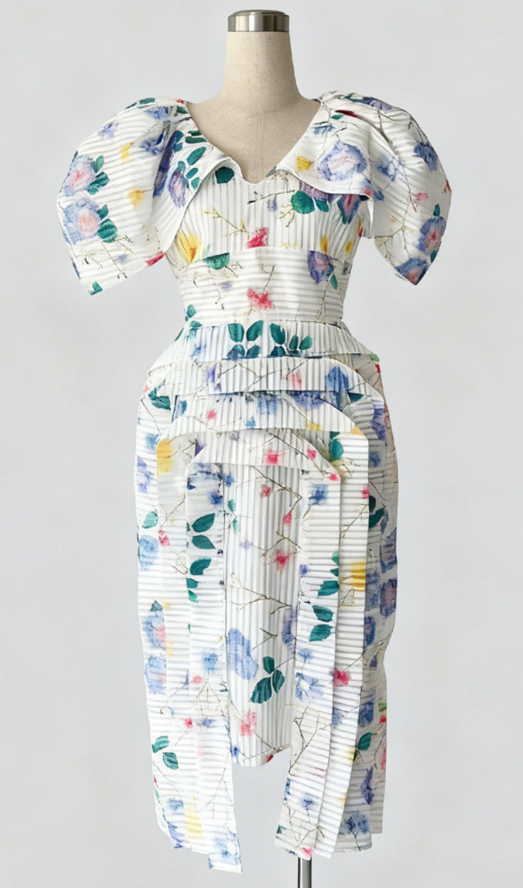 Janis Chic Floral Stripe Puff Sleeve Midi Dress