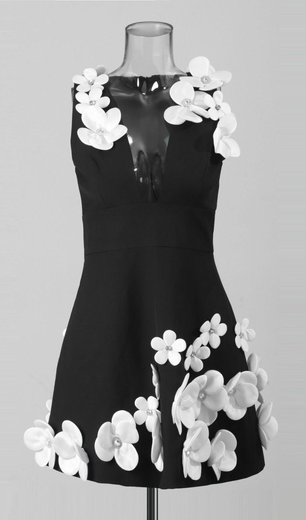 Gracja Chic Black Mini Dress with White 3D Floral Embellishments & Deep V-Neck