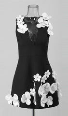 Gracja Chic Black Mini Dress with White 3D Floral Embellishments & Deep V-Neck