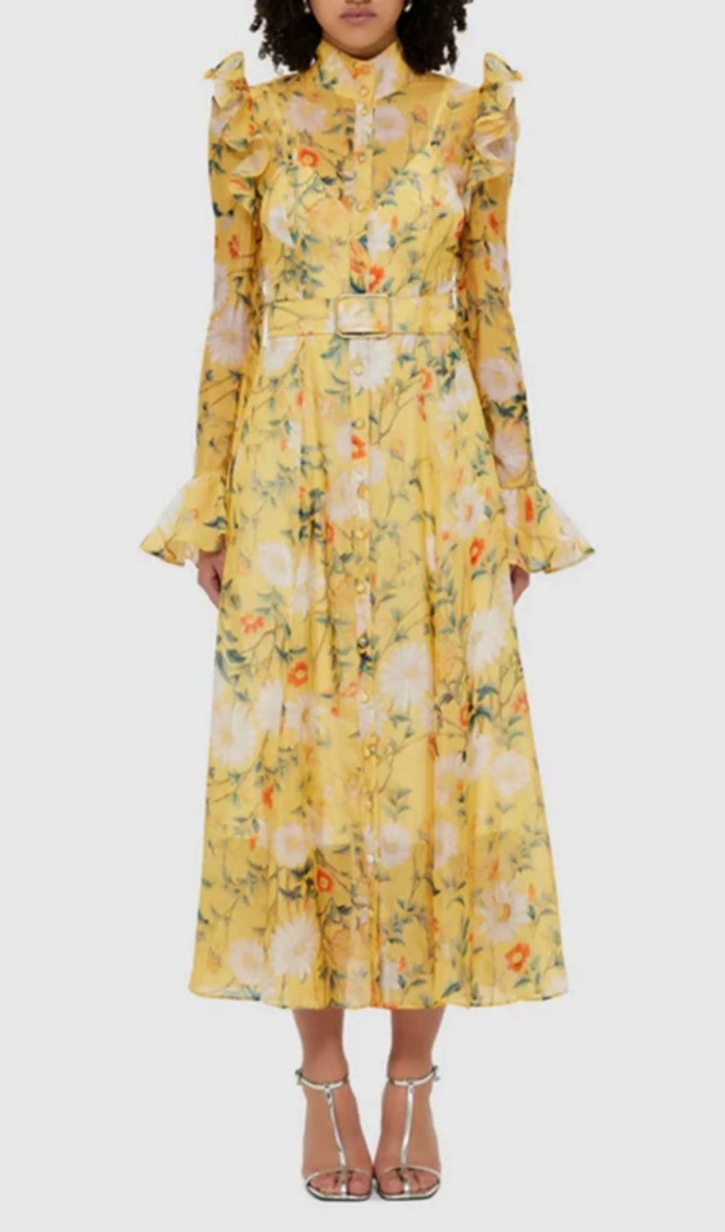 Eder Yellow Floral Ruffle Midi Dress