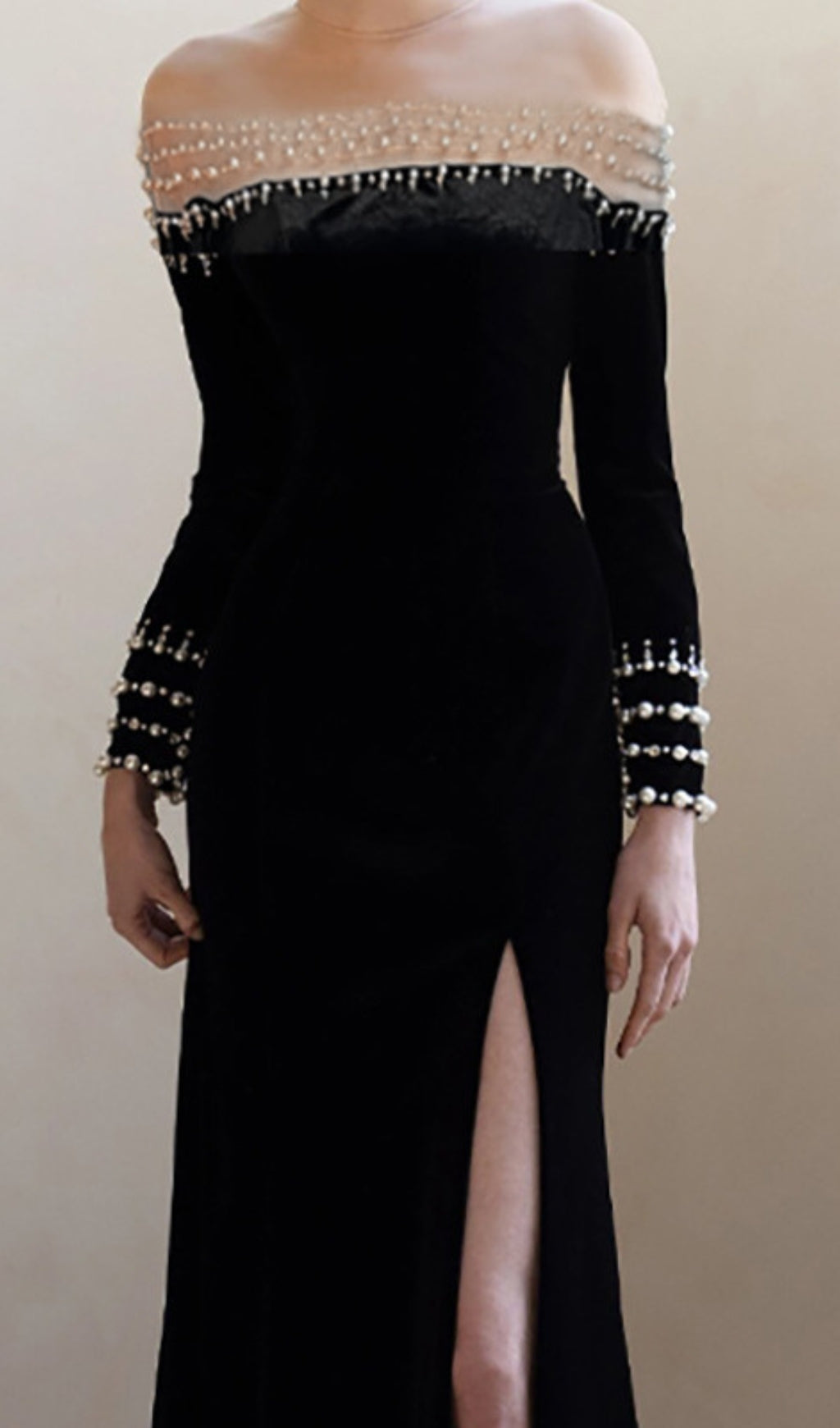 Breena Black Velvet Pearl Off-Shoulder Maxi Gown with High Slit