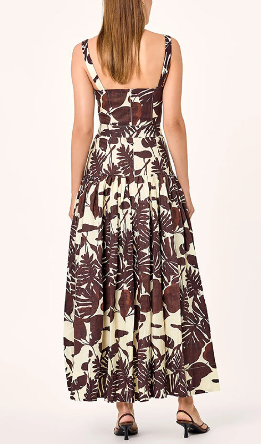 Chic Tropical Leaf Print Strappy Belted Midi Dress