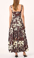 Chic Tropical Leaf Print Strappy Belted Midi Dress