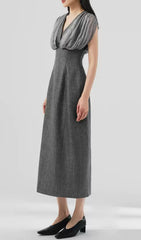 Galina Chic Grey Ruched V-Neck Midi Dress