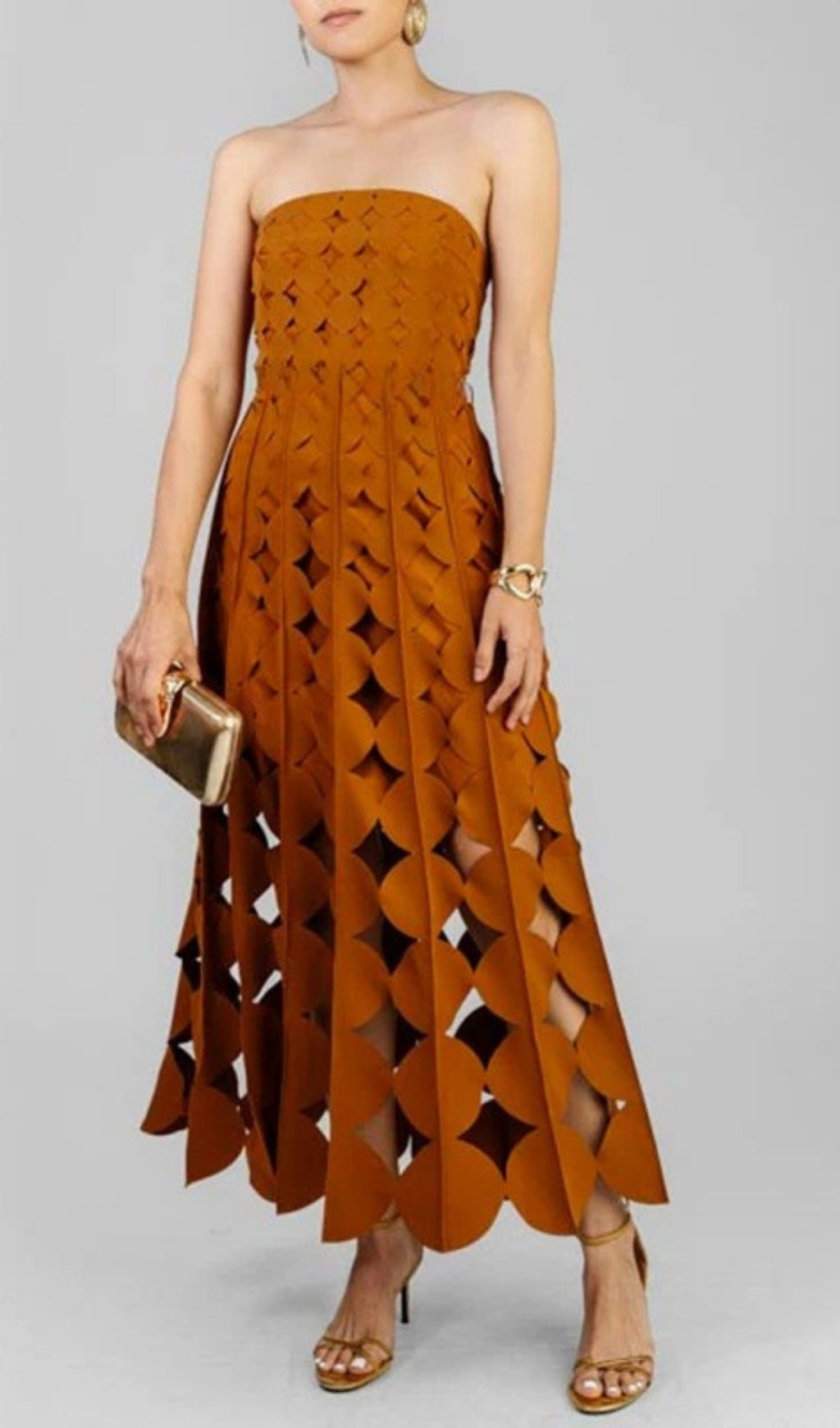 Fifi Terracotta Strapless Laser-Cut Maxi Dress