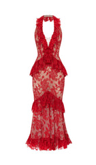 Eavan Elegant Red Lace Halter Peplum Midi Dress