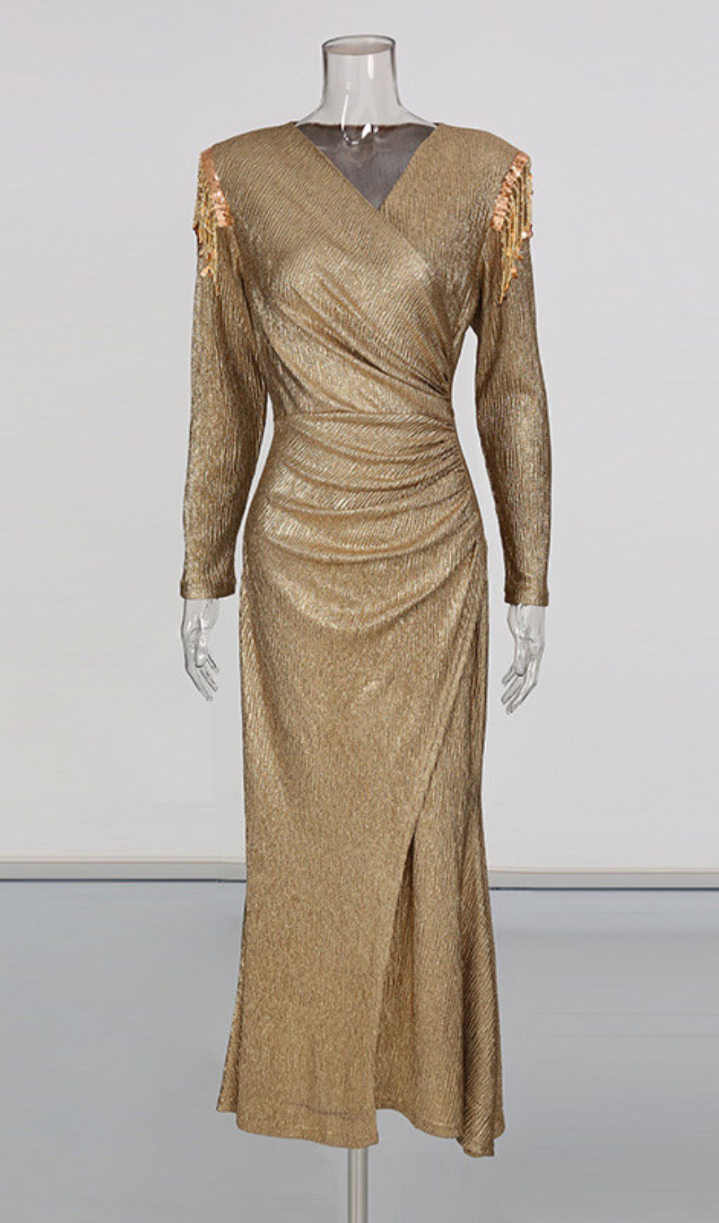 Iyeshia Liquid Gold Long Sleeve Maxi Dress with Metallic Fringe Shoulders & High Slit