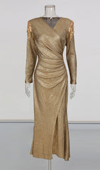 Iyeshia Liquid Gold Long Sleeve Maxi Dress with Metallic Fringe Shoulders & High Slit