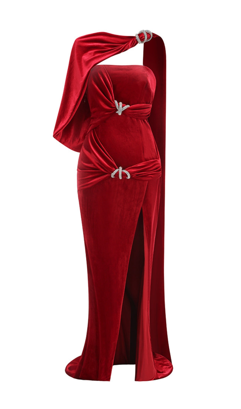Carlijn Glamorous Red Velvet Caplet One-Shoulder Maxi Gown