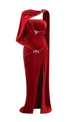 Carlijn Glamorous Red Velvet Caplet One-Shoulder Maxi Gown