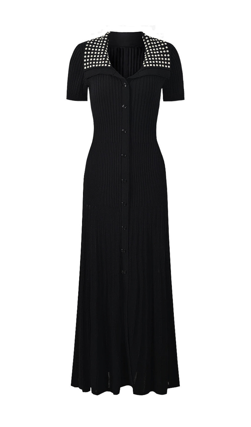 Eliana Embellished Lapel Ribbed Knit Maxi Dress