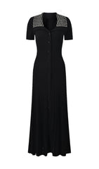 Eliana Embellished Lapel Ribbed Knit Maxi Dress