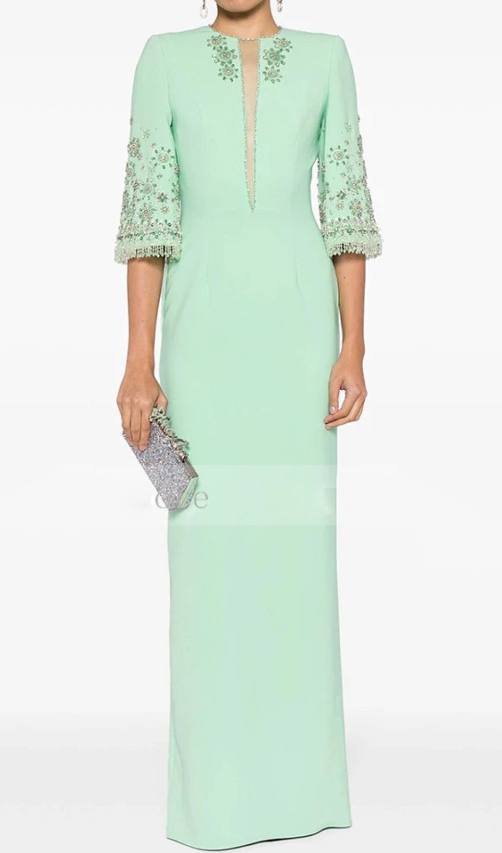 Elegant Glaucia Mint Embellished Maxi Dress with Bell Sleeves