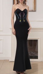 Gracelyn Black Strapless Floral Embroidered Maxi Gown
