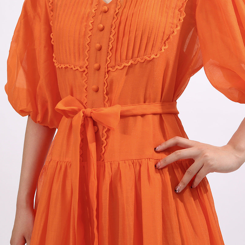 Fausto Vibrant Orange Puff Sleeve Tiered Maxi Dress