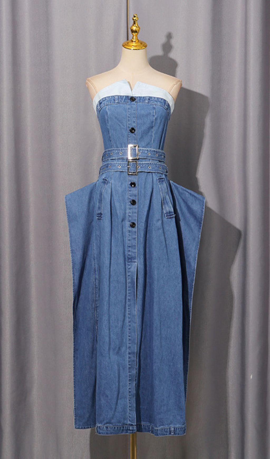 Isako Chic Strapless Denim Midi Dress with Belt