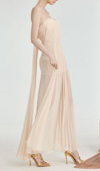 Fintan Apricot Strapless Pleated Mesh Maxi Dress
