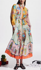 Ceara Whimsical Art Print Long Sleeve Midi Shirt Dress