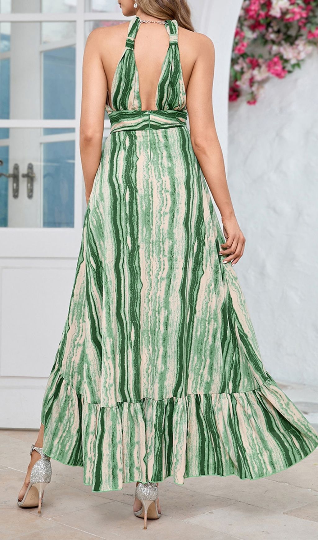Estacia Vibrant Chic Green Swirl Print Halter Maxi Dress with Ruffles